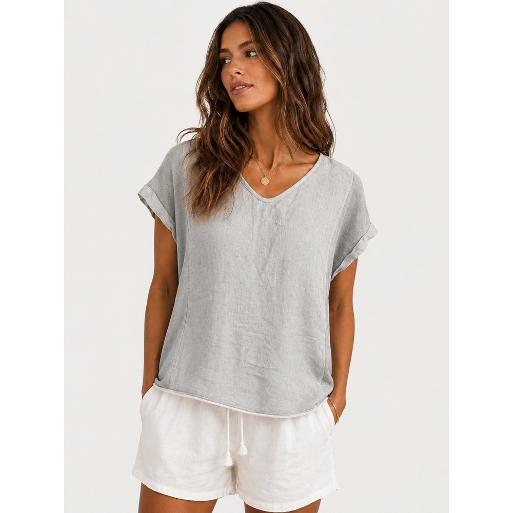 Flora Ashley Silver Top Made in Italy Linen Blend Short Sleeve L
